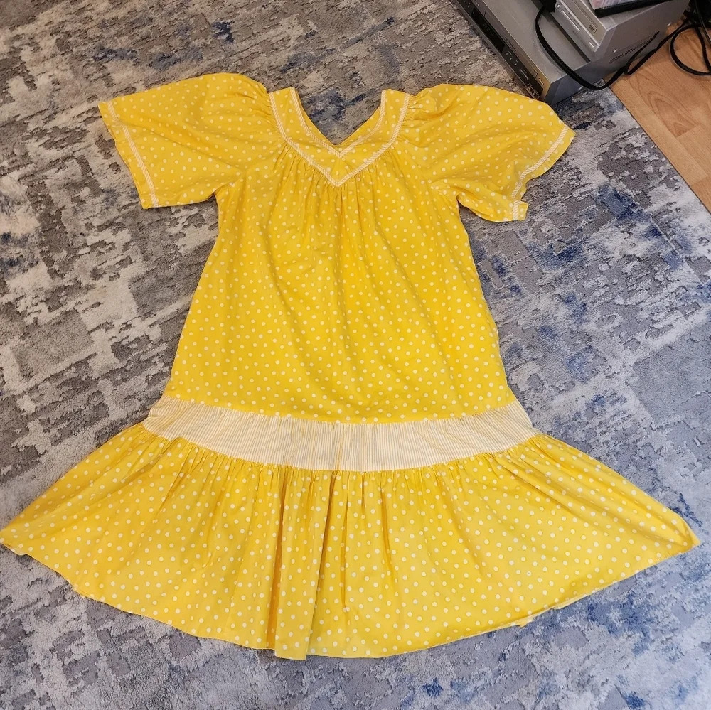 Vintage Two Potato Yellow Polka Dot Midi  Dress Mumu Wide Sleeve Pockets XL